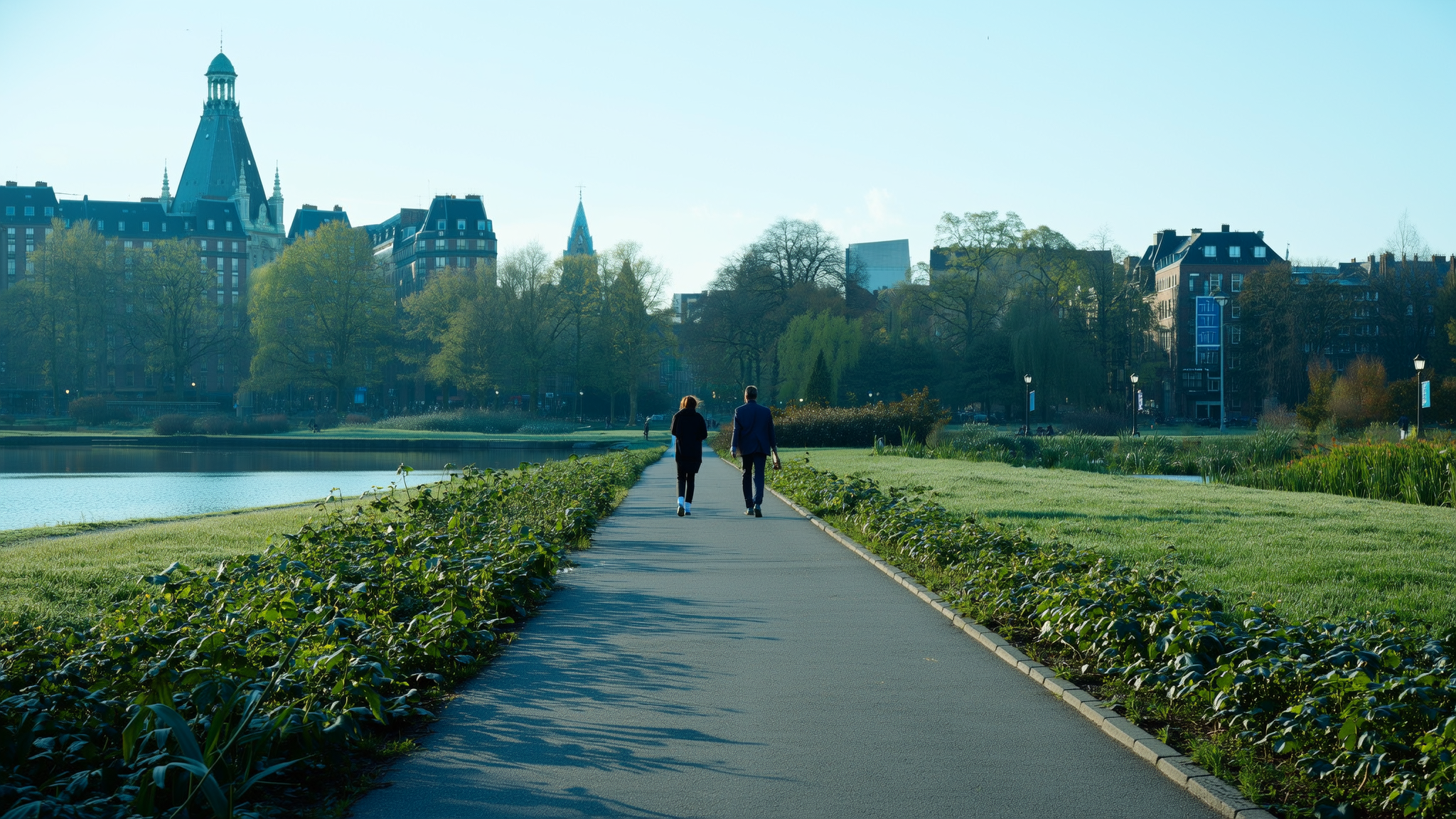 Twee mensen wandelen samen buiten langs het water