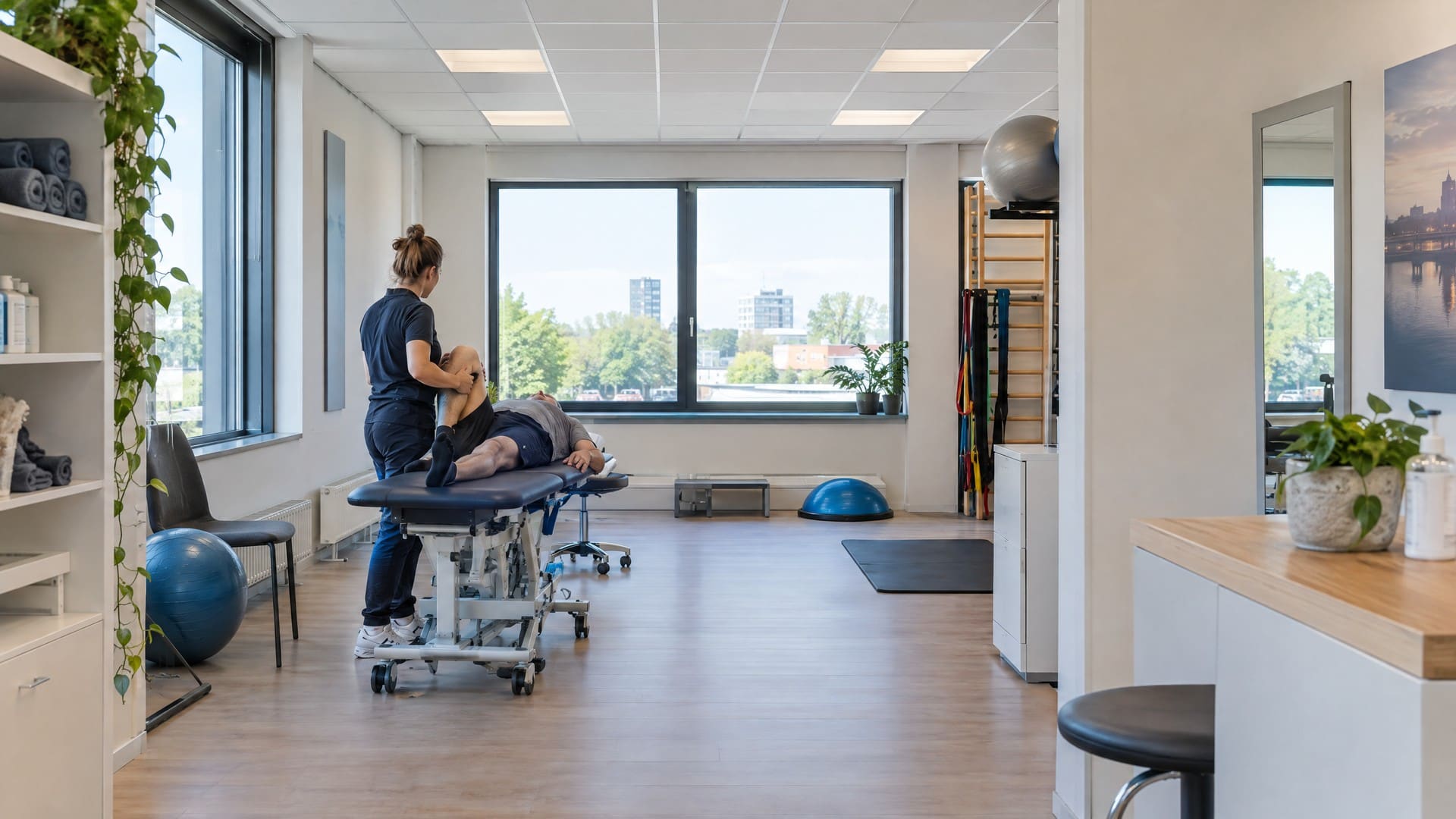 Lichte behandelruimte met daglicht, een behandeltafel, balballen, elastieken en een wandrek
